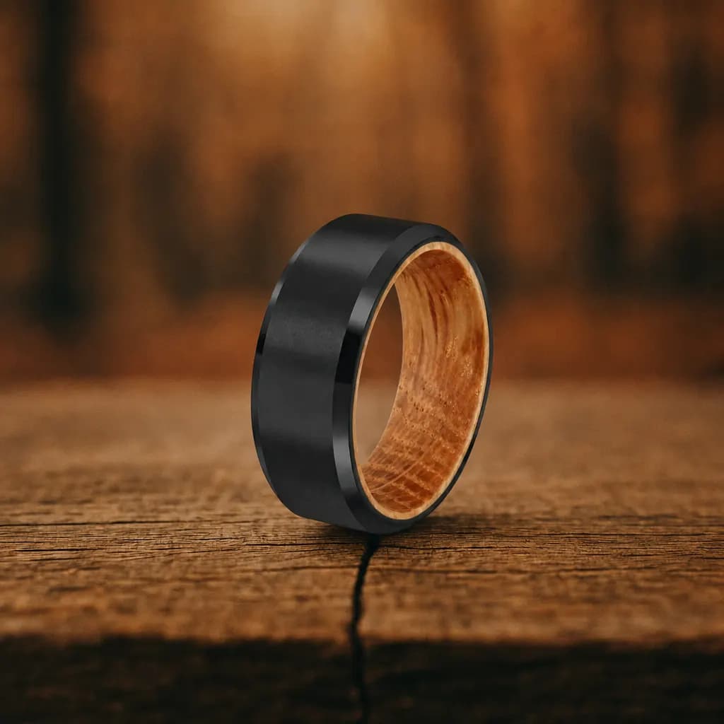 The Grove, an 8mm brushed black tungsten carbide band with a wood sleeve, standing upright on a weathered oak plank